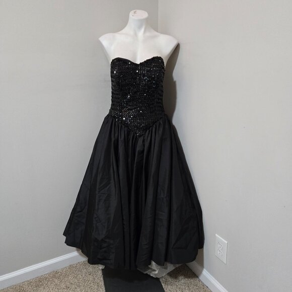 14 (fits 8) 80s Vintage What's Up by Carol Black Sequin Strapless Poof Dress - Picture 1 of 8